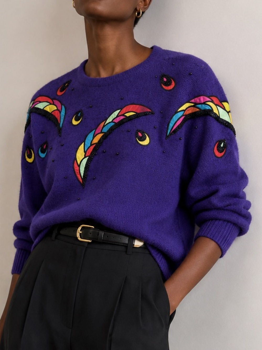Vintage Purple Silk Blend Colorful Applique w Sequins Batwing Sweater By Cedars